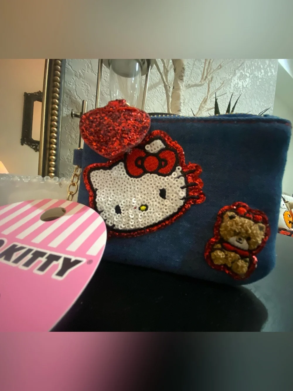 Hello Kitty Sequin Face Coin Purse with Red Glitter Heart Charm